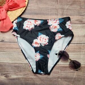 5/$15 Dressfo Pin Up High Waist Retro Rose Floral Black Pink Bikini Bottoms
